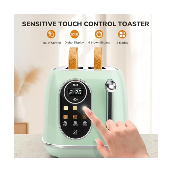   Keenstone-Smart-Touch-Screen-Toaster-2-Slice-Retro-Wide-Slot-Stainless-Steel-Toaster-with-6-Browning-Levels-Reheat-Defrost-for-Bagel-Toast-Bread-Removable-Crumb-Tray-Green