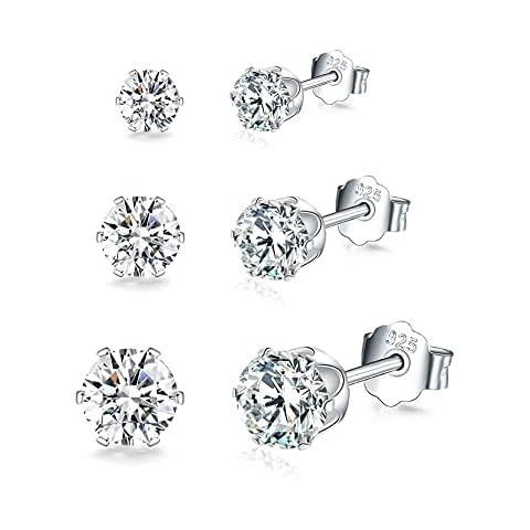 SAKUNALA 925 Sterling Silver Stud Earrings for Women Girls, 3 Pairs Small Cubic Zirconia Stud Earrings, Silver Sleeper Stud Earrings, Tiny Diamond Earrings Set for Multiple Piercings, Size: 3, 4, 5mm Cover