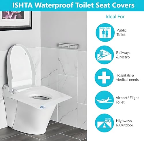 Image of ISHTA Disposable Waterproof Toilet Seat Covers - 60 Covers (5 Covers /Pack - 12 Pack) | Fold To Hold So No Contact With Unhygienic Seats | Fabric | Hygiene Anytime Anywhere