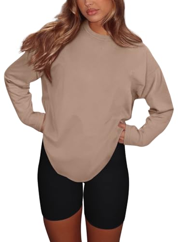 REORIA Womens Oversized Long Sleeve T Shirts 2025 Basic Crewneck Tee Fall Tops Casual Y2K Clothes(Khaki Medium)