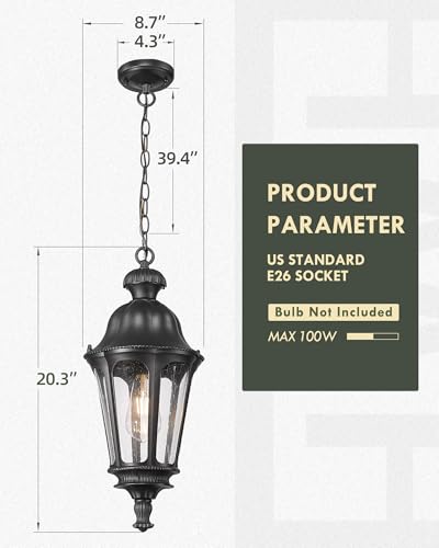 Image of Outdoor Pendant Lights for Porch, HWH 20'' Large Outdoor Chandelier for Gazebo with Seeded Glass, Exterior Hanging Lantern Light Fixtures, Matte Black Finish, 5HW90H-M BK