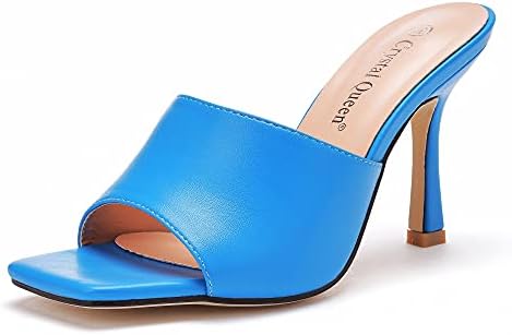 Women's Square Open Toe Heeled Sandals Slippers White Stiletto Heels Sandals Fashion Casual Peep Toe Slippers Slip On Mule Slide Sandal (Blue, numeric_9)