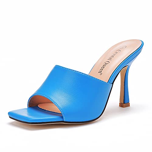 Women's Square Open Toe Heeled Sandals Slippers White Stiletto Heels Sandals Fashion Casual Peep Toe Slippers Slip On Mule Slide Sandal (Blue, Numeric_9) #TOP3