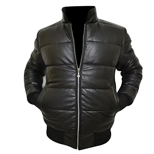 Herren Echtlederjacke Pufferkragen Schwarz Kapuzenpullover Vollständig Steppkragen Jacke (S, Schwarz) Cover