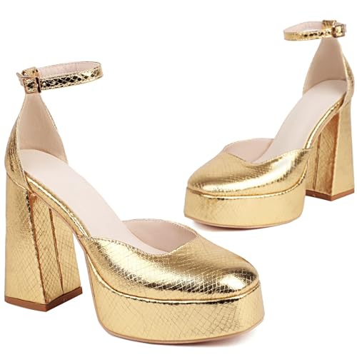 Women Platform Block High Heel Pumps Metallic Ankle Strap Closed Toe with Buckle Wedding Party Dress Shoes2