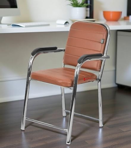 Image of GOYALSON Office Chair Visitor with arm Rest with Steel Frame and Cushioned seat Back Chair Without Wheels Chair (1, Brown, Heavy 1)