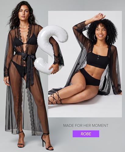Image of RSLOVE Lingerie for Women Sexy Long Lace Kimono Robe Mesh Chemise Lace Gown Swimsuit Cover Up