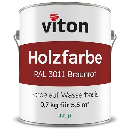 Viton Holzfarbe - 0,7 Kg Schweden-Rot Holzlack Seidenmatt - Wetterschutzfarbe für Außen - 3in1 Grundierung & Deckfarbe - Profi-Holzschutzlack - KE31 - RAL 3011 Schwedenrot