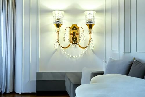 Image of Prop It Up Crystal Wall Sconce, 2-Light Chandelier with Glass Shades, Gold Finish, Decorative Crystal Drops, Without Bulb
