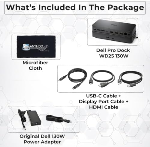 Dell Pro Dock WD25 USB-C Docking Station – 100W Power, Dual 4K Display Support, Includes Anyhdd HDMI, DisplayPort and C to C Cable, 3 Year Warranty