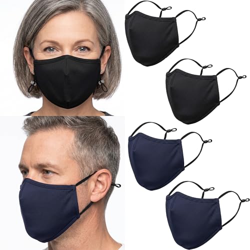 ecotru 4 UK Pack Reusable Cotton Face Masks 2 Navy Blue 2 Black Mask with Nose Wire for Glass Wearers 3-Ply Washable & Breathable Fabric with Filter Pocket & Adjustable Loops