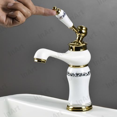 Image of InArt White Gold Glossy Finish Basin Pillar Cock Tap Faucet for Wash Basin, Hot & Cold Water Mixer, Single Handle, Waterfall Design, Table Mount /Deck Mount (Gold White)
