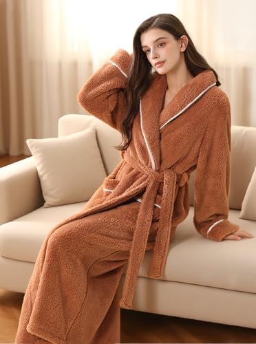 Image of Women Long Plush Fleece Bath Robe | Soft loungewear housecoat, comfy sleepwear for home, suitable as ladies pajamas and nightgown