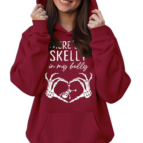 There's A Skelly In My Belly Hoodie Funny Skeleton Halloween Hoodies Unisex Graphic Long Sleeve Tee3