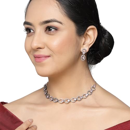 Image of ZENEME Rhodium-Plated American Diamond Studded Disc-Shaped Necklace With Earrings Jewellery Set For Girls and Women