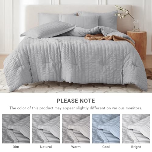Image of MUXHOMO 7 Pieces King Comforter Set, Seersucker Bed in a Bag King Size, All Season Luxury Bedding Set with Comforter, Flat Sheet, Fitted Sheet, Pillowcases & Shams, Light Grey