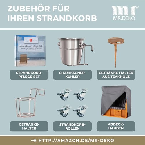 Mr. Deko Strandkorb Ostsee Volllieger Strandstuhl Gartenliege Liegestuhl PE Geflecht Weiß inkl. 4 Kissen – Strandkörbe Hartholz für Garten, Wintergarten und Terrasse (Dessin Blau Weiss) - 5