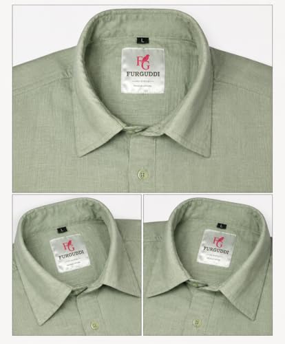 Image of Men's Cotton Linen Casual Shirt, Sage Green, Regular Fit, Plain, Long Sleeve