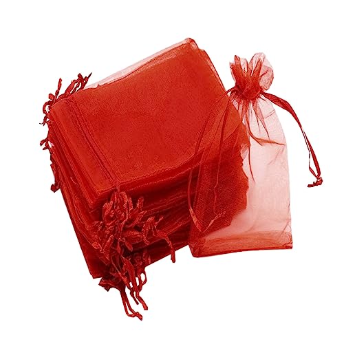 FONDOTIN 100個抽?オーガンザバッグ レッド 軽量 持ち運び便利 ジュエリー収納ポーチ プレゼント包装用