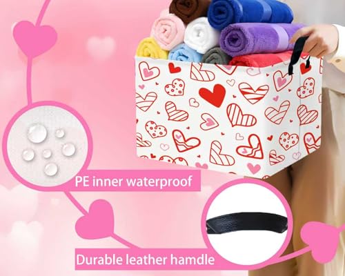 Image of Valentines Day Basket Large Foldable Heart Shaped Storage Box for Gifts Kids Empty Storage Bins Rectangular Toy Organizer Decor (Hollow Lines Love)