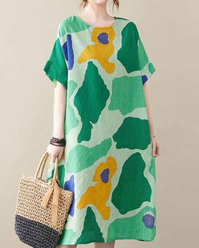 Image of LUZU JUNU Women's Summer Baggy Plus Size Loose Cotton Linen Long Boho Beach Dress with Pockets