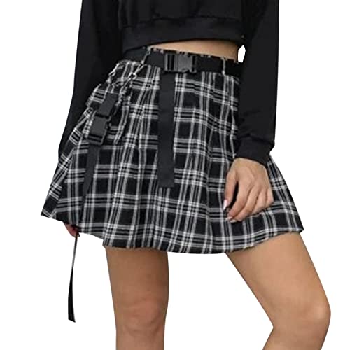 Falda gótica para mujer, de verano, corta, plisada, con estampado de cuadros de...