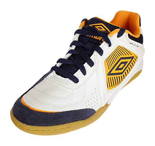 Umbro Men\'s Sala Liga Indoor Court Soccer Shoes, White/Peacoat/Bright Marigold 8.5