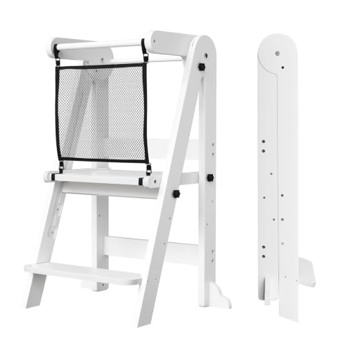 Image of ROOMTEC Foldable Toddler Kitchen Tower, 3 Adjustable Height Wooden Step Stool, Toddler Standing Tower with Safety Net (White)