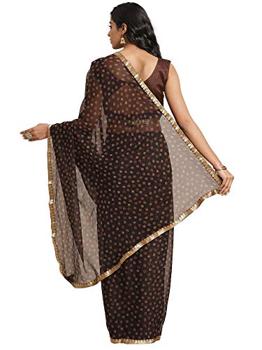 Image of AKHILAM Women's Lace Border Polka Dot Chiffon Saree with Unstitched Blouse Piece(Brown 2QEN1610 M)