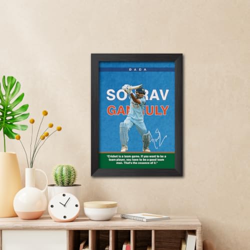 Image of TenorArts Sourav Ganguli Poster with Quotes Indian Legend Cricket Player Photo Frame Painting with Matt Finish Black Textures (12 inches x 9inches)
