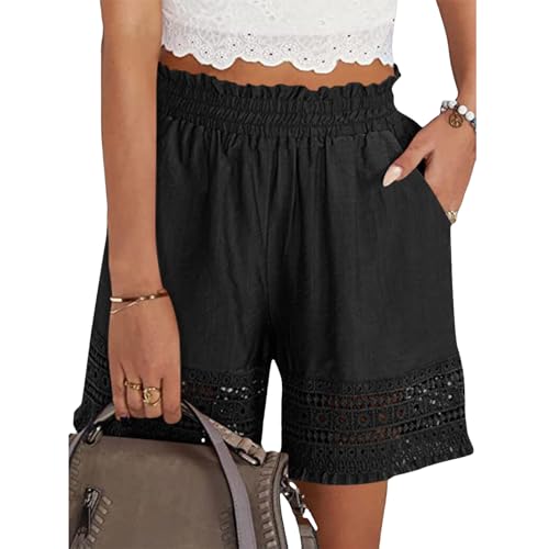 Shorts for Women Casual Elastic High Waisted Shorts Crochet Hem Lace Trim Short Summer Beach Ruffle Pants