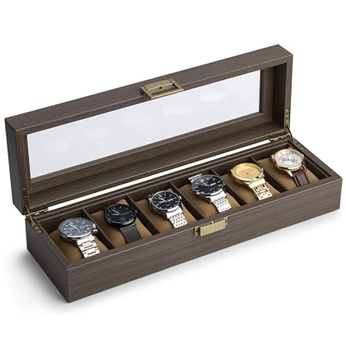 Lonian solido legno orologi box, custodia per orologio 5 carta di legno Storage Case organizer con display Glass top squisita e durevole