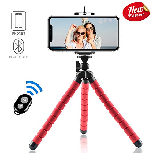 Abafia Trípode de teléfono, [actualizado] Mini trípode de Viaje Flexible para Smartphone Cámara Deportiva Gopro Teléfono Celular Soporte Ajustable 5.5 Obturador Remoto inalámbrico Bluetooth (Rojo)