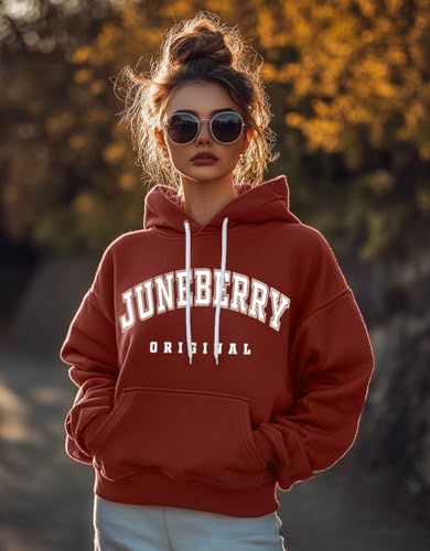 Image of JUNEBERRY Fleece Oversized Baggy Fit Hooded Sweatshirt Drop Shoulder Typographic Logo Printed Full Sleeve Hoodie for Women (Availabe Colors: Copper Tan, Rust & Red)