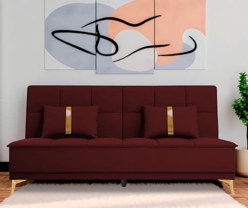 Image of Adorn India Premium New Alyssum 3 Seater Sofa Cum Bed 4X6 Velvet Suede with 2 Cushions (Color Maroon) and Suitable for All Indoor, with 3 Years Warranty