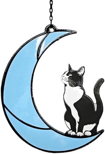 Black and White Cat Moon Suncatcher - Cat Loss Sympathy Gift, Tux...