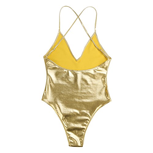 Msemis Women's Shiny Metallic One Piece Camisole Dance Leotard Bodysuit Bodycon Thongs Monokini Swimsuit Gold Cross Back Medium #TOP5