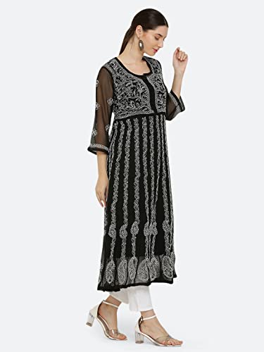 Image of FAWOMENT Women's Georgette Yok Anarkali Kurta with Intricate Lucknowi Chikankari Fine Hand Crafted Embroidery