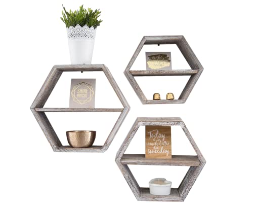 Image of Comfify Rustic Wall Mounted Hexagonal Floating Shelves – Set of 3 – Large, Medium and Small – Screws and Anchors Included - Farmhouse Shelves for Bedroom, Living Room and More – Honeycomb Wall Décor