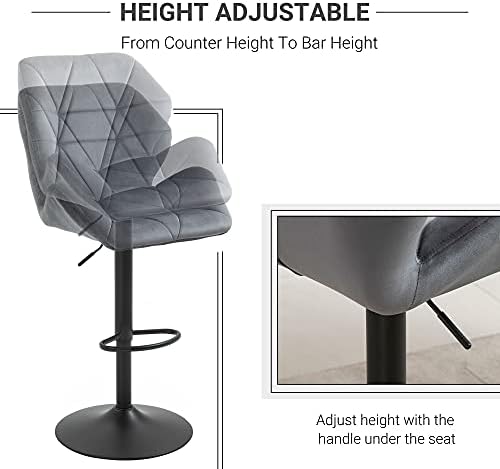 HOMCOM Bar Stools Set Of 2, Luxurious Velvet-Touch Barstools w/Metal Frame Footrest Round Base Triangle Indenting Moulded Seat Adjustable Height Swivel Grey