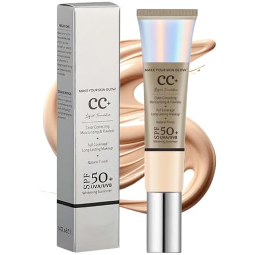 CC Crème, Fluide Fond De Teint Couvrant Imperfections, Durable Maquillage Nude Hydratant Concealer, Anticernes, Anti-Terne, Fini Semi-Mat, CC Cream with Spf 50+, Foundation Makeup for Glass Skin (1PC)