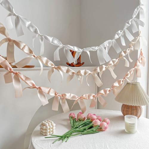 Image of Pre-Assembled White Bow Garland - 6ft Elegant Church Wedding Decor, Baby Shower Banner & Bridal Shower Backdrop, Thick Satin No DIY Needed! Baby Room Bed Decor (White, 6ft)