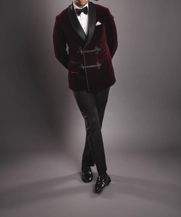 Mens Burgundy Velvet Smoking Jacket, Lapel Collar, Double Breasted, Chinese Knot Buttons4