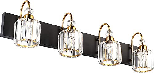 Image of Ralbay LED Modern Vanity Lights Fixtures 4 Lights Black Vanity Lights Crystal Modern Matte Black Vanity Lights for Bathroom