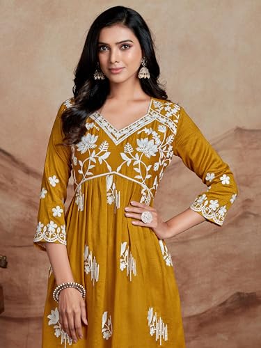 Image of EthnicJunction Women's Silk Blend Regular Fit Chikankari Embroidered Naira Cut Kurta
