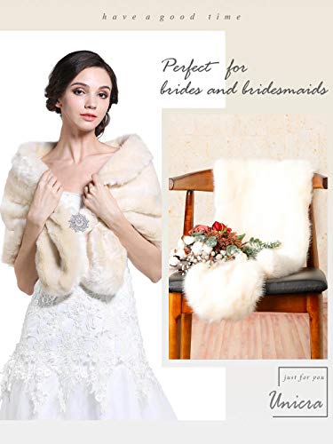 Aukmla Women's Wedding Faux Fur Shawls and Wraps Bridal Fur Scarf Stoles with Rhinestones Brooch for Bride and Bridesmaids (Beige)