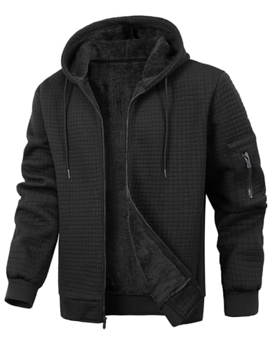 Wizoat Mens Zip Up Hoodie Sherpa Lined Sweatshirt Heavyweight Fleece Full-Zip Winter Warm Jackets Black