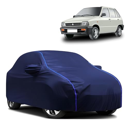 Image of Kerwa Car Body Cover Waterproof Compatible with Maruti 800 | Scratch Proof, Anti-Dust, UV Protection | Windproof Buckle Strap | Fitted Bottom Elastic | Side Mirror Pockets-Blue