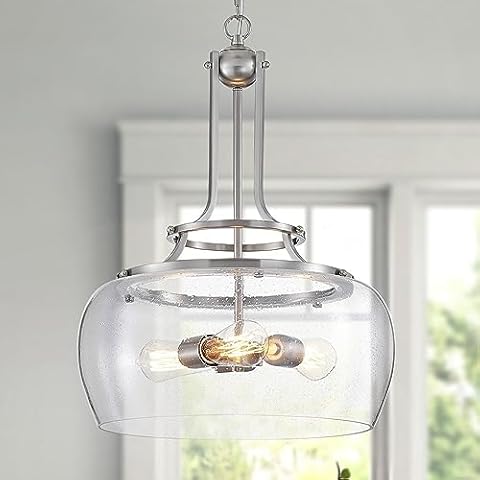 WUZUPS Chandelier Rustic Farmhouse Industrial Round Ceiling Pendant LED Light Fixture Clear Seeded Glass Shade for Dining Room Kitchen Island Foyer Entryway, H 20.9" x W 15.9", Brushed Nickel Cover