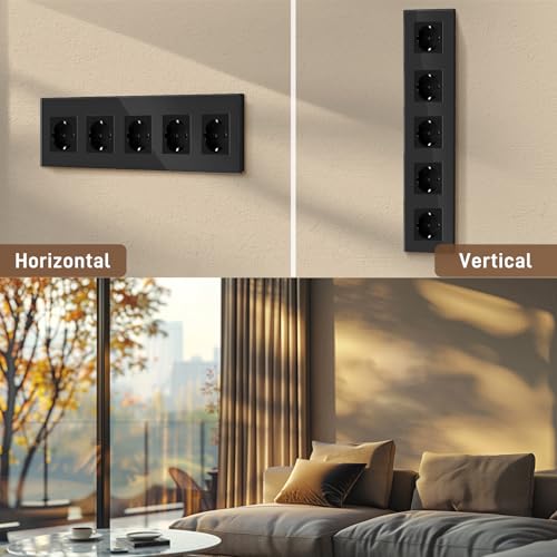 BSEED Schuko Steckdose Steckdosenleiste 5 Fach Kristall Glas Platte Steckdose Glas Schuko Fünffach Steckdose 16Amp Steckdose 370mm Schwarz Verlängerungssteckdosen Mehrfachsteckdose Wandsteckdose